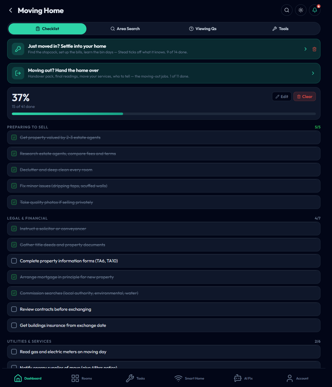 Moving home checklist with tasks grouped by stage