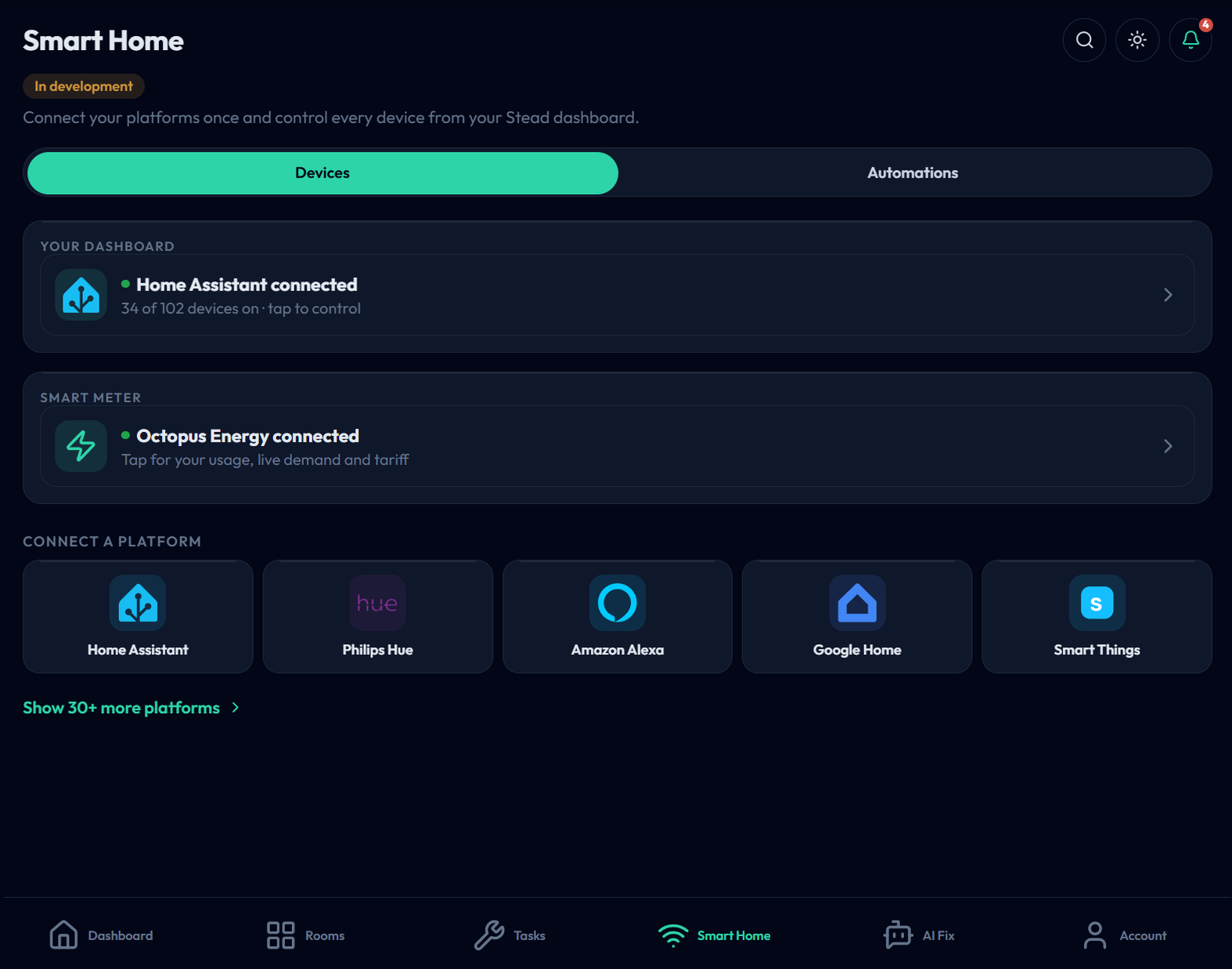 Smart home screen showing connected devices and the provider picker